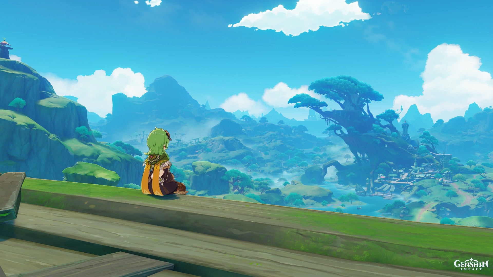 Screenshot of Genshin Impact. Character Collie is sitting, watching at the distance the big tree that is the City of Sumeru.