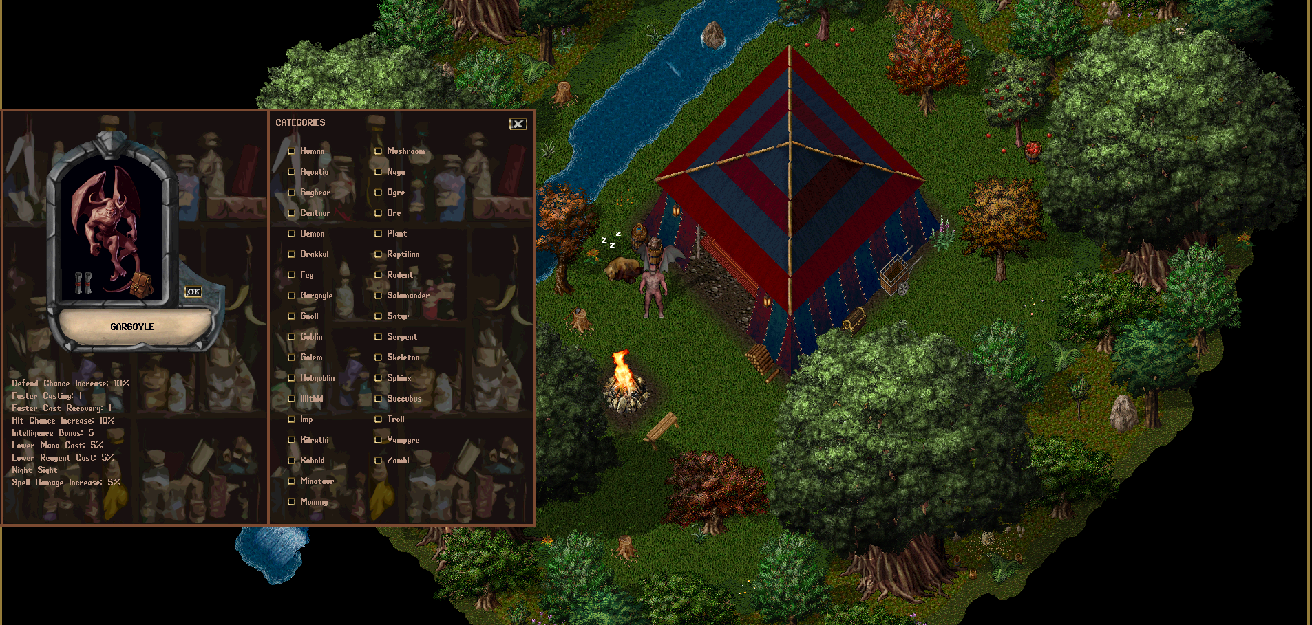 Imagem de seleção de espécies do jogo #UltimaOnline no servidor Ecos de Sosaria. A espécie selecionada é uma Gárgula. Há um 'paperdoll' com a imagem de um jogador que selecionou a espécie Gargula e a legenda: ''Gargoyle"'. No centro da imagem, há um personagem Gárgula em pé, do lado de fora de uma cabana. Ao seu redor há um urso dormindo, uma fogueira, várias árvores, vegetação e um riacho.
