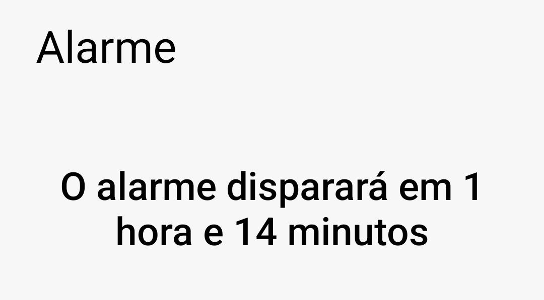 Print da tela de alarme avisando que o alarme vai tocar em 1 hora e 14 minutos