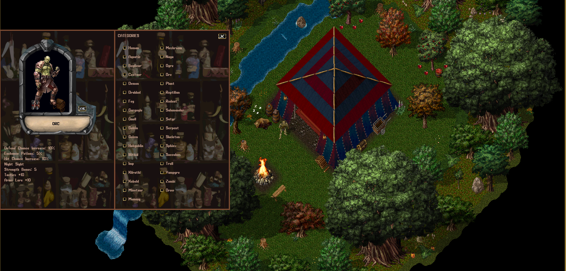 Imagem de seleção de espécies do jogo Ultima Online no servidor Ecos de Sosaria. A espécie selecionada é um Orc. Há um 'paperdoll' com a imagem de um jogador que selecionou a espécie Orc e a legenda: ''Urk"'. No centro da imagem, há um personagem Orc em pé, do lado de fora de uma cabana. Ao seu redor há um urso dormindo, uma fogueira, várias árvores, vegetação e um riacho.