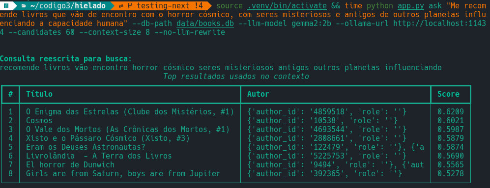 Terminal manjaro mostrando resultados de uma pesquisa em uma base de dados usando LLM