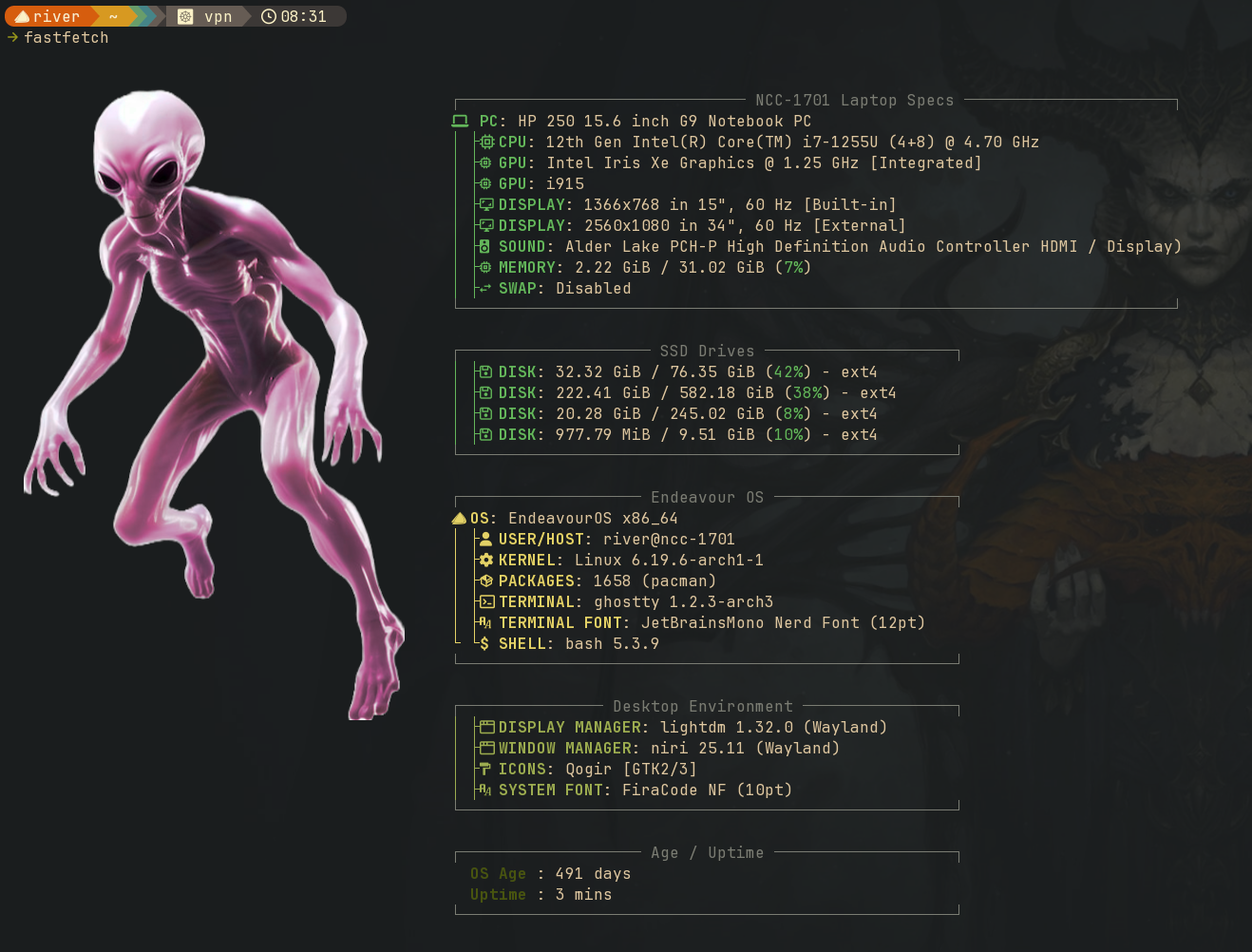 (ariver EI (8 vpn ©08:31
> fastfetch
— ——————— NCC-1701 Laptop Specs —————————————————
0 PC: HP 250 15.6 inch G9 Notebook PC
@CPU: 12th Gen Intel(R) Core(TH) i7-12550 (4+8) @ 4.70 GHz
® GPU: Intel Iris Xe Graphics @ 1.25 GHz [Integrated]
\ ® GPU: 1915
7% TIDISPLAY: 1366x768 in 15", 60 Hz [Built-in]
TIDISPLAY: 2566x1080 in 34", 60 Hz [External]
R NN 8 SOUND: Alder Lake PCH-P High Definition Audio Controller HDMI / Display)
», © MEMORY: 2.22 6iB / 31.02 GiB (7%)
IY + SWAP: Disabled
SSD Drives —————————————
/ ® DISK: 32.32 6iB / 76.35 GiB (42%) - ext4
¢ ® DISK: 222.41 GiB / 582.18 GiB (38%) - ext4
® DISK: 20.28 6iB / 245.02 GiB (8%) - ext4
y ® DISK: 977.79 MiB / 9.51 GiB (10%) - ext4
————————— Endeavour 0S ——————————————
40S: Endeavour0S x86_64
a 2 USER/HOST: river@ncc-1701
\ % KERNEL: Linux 6.19.6-archl-1
\ ® PACKAGES: 1658 (pacman)
GI TERMINAL: ghostty 1.2.3-arch3
\ m TERMINAL FONT: JetBrainsMono Nerd Font (12pt)
f $ SHELL: bash 5.3.9
[EEEEESE———— LF ERE
We
bot) Desktop Environment ———————
DISPLAY MANAGER: Llightdm 1.32.0 (Wayland)
WINDOW MANAGER: niri 25.11 (Wayland)
7? ICONS: Qogir [GTK2/3]
SYSTEM FONT: FiraCode NF (10pt)
Age / Uptime ———
1 491 days
: 3 mins
| EE en AE