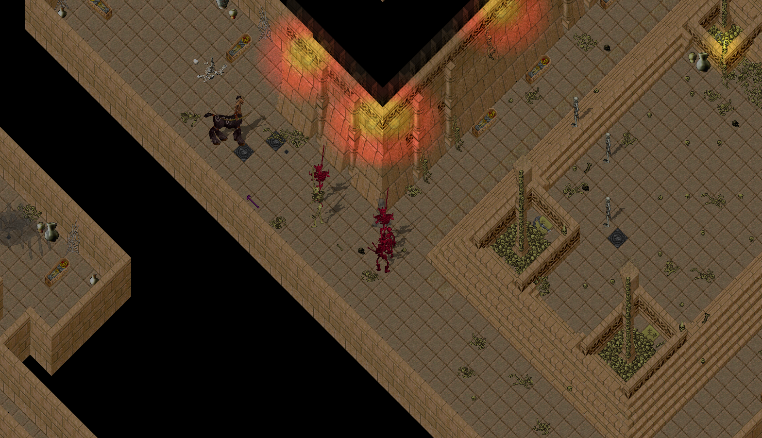 imagem do jogo Ultima Online onde é possível ver um personagem centauro e diversos esqueletos em combate. O ambiente parece ser uma grande tumba.