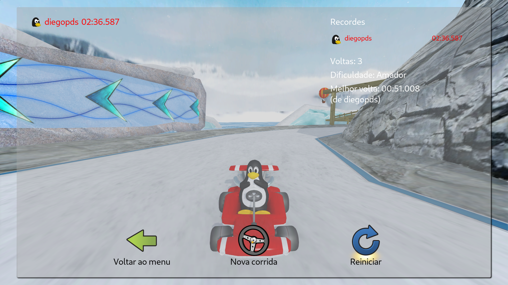 Captura de tela do jogo SuperTuxKart mostrando o tempo: 02:36.587 Melhor volta 00:51.008.

Imagem mostra um Kart vermelho, com um pinguin pilotando (Tux), a pista está cheia de neve e há um cenário montanhoso.