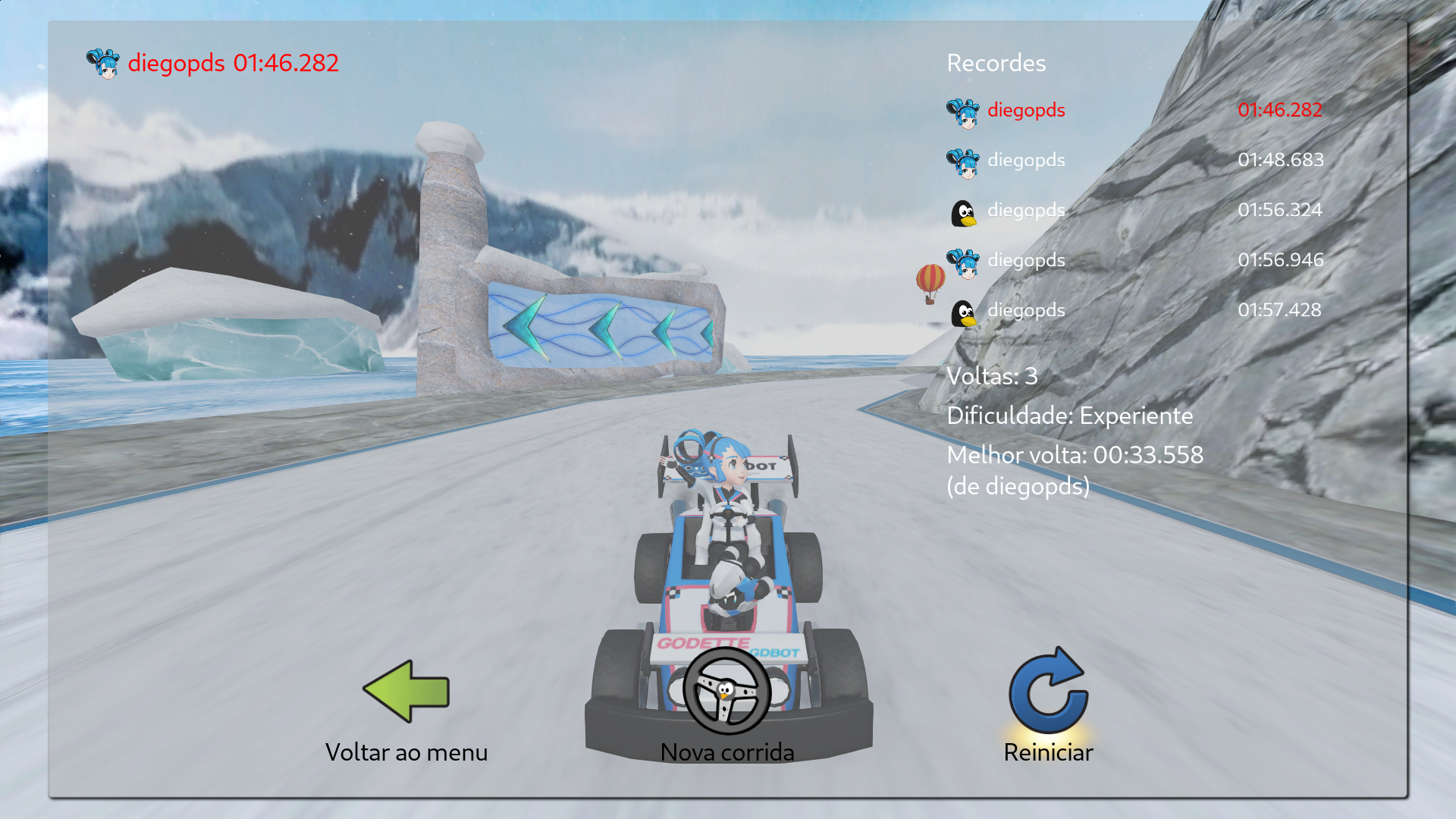 Captura de tela do jogo SuperTuxKart mostrando o tempo: 01:46.282 Melhor volta 00:33.558. Imagem mostra um Kart branco e azul com uma garota de cabelo azul, a pista está cheia de neve e há um cenário montanhoso.