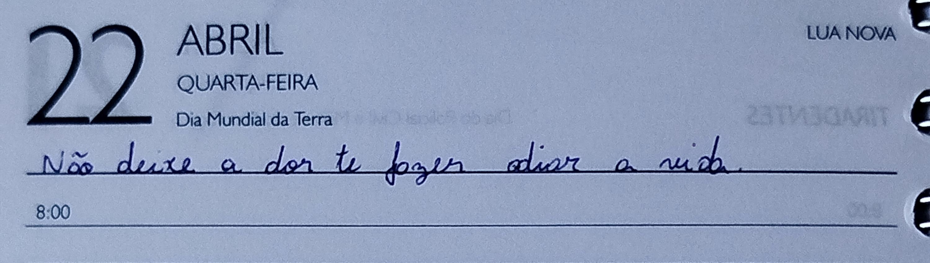 Foto de página de agenda, dia 22 de abril, quarta-feira, lua nova, dia Mundial da Terra, destaque na frase escrita a mão: Não deixe a dor te fazer odiar a vida.