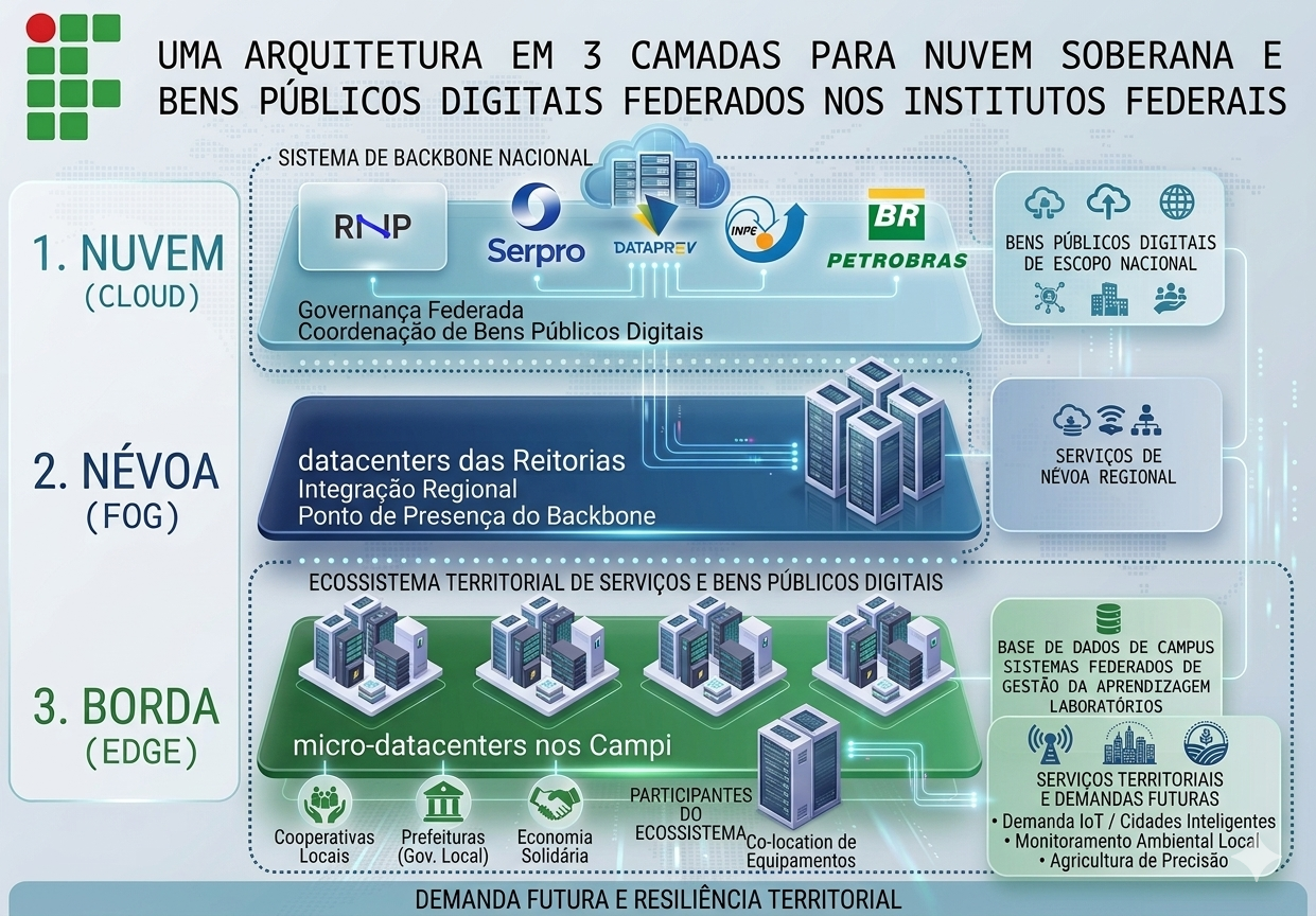 Infográfico intitulado "UMA ARQUITETURA EM 3 CAMADAS PARA NUVEM SOBERANA E BENS PÚBLICOS DIGITAIS FEDERADOS NOS INSTITUTOS FEDERAIS" que apresenta uma estrutura organizada em três níveis. A primeira camada, "1. NUVEM (CLOU (CLOUD)", mostra o "SISTEMA DE BACKBONE NACIONAL" com os logotipos RNP, Serpro, DATAPREV, INPE e PETROBRAS, referenciando "Governança Federada", "Coordenação de Bens Públicos Digitais" e "BENS PÚBLICOS DIGITAIS DE ESCOPO NACIONAL". A segunda camada, "2. NÉVOA (FOG)", apresenta "datacenters das Reitorias", "Integração Regional" e "Ponto de Presença do Backbone" para "SERVIÇOS DE NÉVOA REGIONAL". A terceira camada, "3. BORDA ( (EDGE)", descreve "micro-datacenters nos Campi" como parte do "ECOSSISTEMA TERRITORIAL DE SERVIÇOS E BENS PÚBLICOS DIGITAIS", incluindo "BASE DE DADOS DE CAMPUS SISTEMAS FEDERADOS DE GESTÃO DA APRENDIZAGEM LABORATÓRIOS" e "SERVIÇOS TERRITORIAIS E DEMANDAS FUTURAS" (Demanda IoT / Cidades Inteligentes, Monitoramento Ambiental Local e Agricultura de Precisão). A base do gráfico indica "PARTICIPANTES DO ECOSSISTEMA" como "Cooperativas Locais", "Prefeituras (Gov. Local)", "Economia Solidária" e "Co-location de Equipamentos", sob o título "DEMANDA FUTURA E RESILIÊNCIA TERRITORIAL".

🌱 Energia utilizada: 0.616 Wh